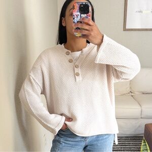 Blu Pepper Cream Waffle Knit Cotton Henley Neckline Long Sleeve Top